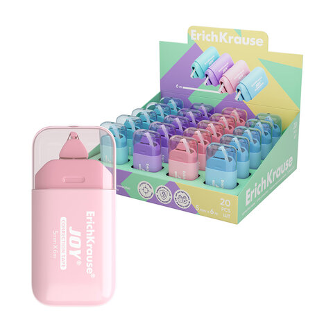 Корректирующая лента ERICH KRAUSE "JOY" Pastel, 5мм х 6 м, корпус ассорти, блистер, европодвес, 61931 272905