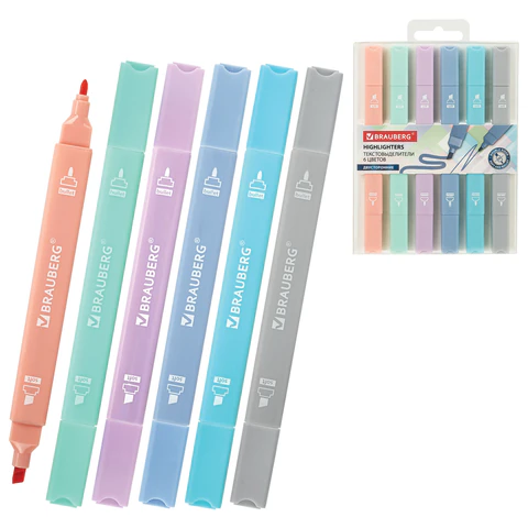 Набор текстовыделителей двусторонних 6 ПАСТЕЛЬНЫХ ЦВЕТОВ, BRAUBERG "Macaroon", линия 1-5 мм, 152513 - МСК «Форвард»