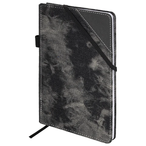 Блокнот А5 135x210 мм BRAUBERG "Denim", ткань/экокожа, резинка, держатель, 80 л., клетка, черный, 117140