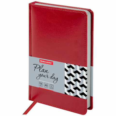 Ежедневник недатированный А5 138х213мм BRAUBERG Rainbow под кожу, 136л, красный, 111667