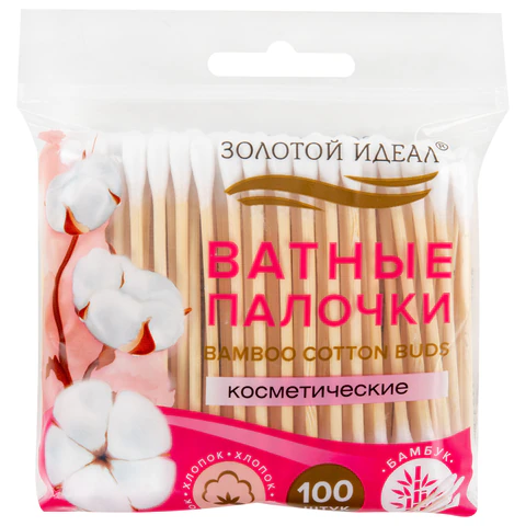 Ватные палочки КОМПЛЕКТ 100 шт., бамбуковый стик, 100% хлопок, зип-лок, ЗОЛОТОЙ ИДЕАЛ, 116556 - МСК «Форвард»