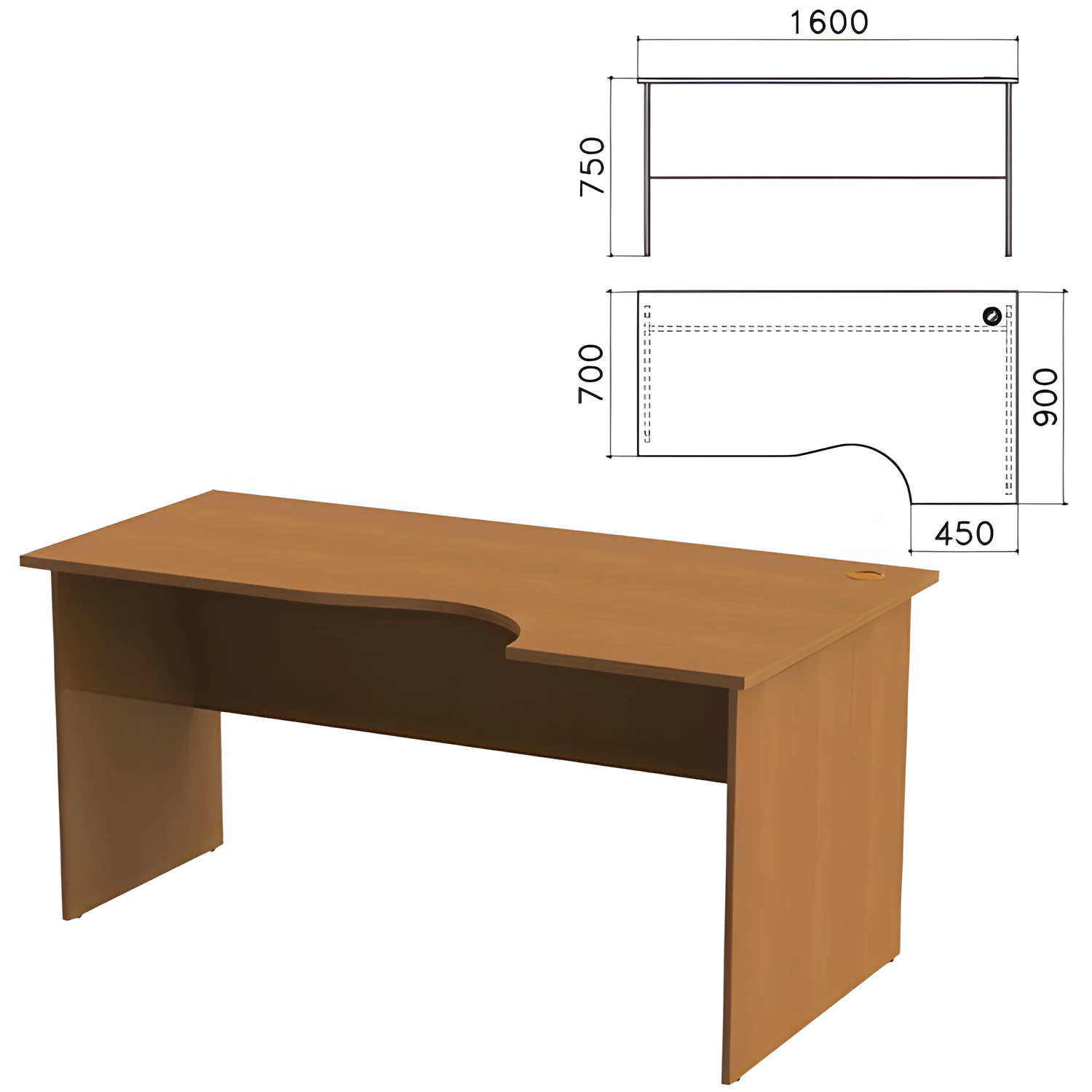 Стол письменный эргономичный "Монолит" (ш1600*г900*в750 мм), правый, цвет орех, СМ6.3 640105