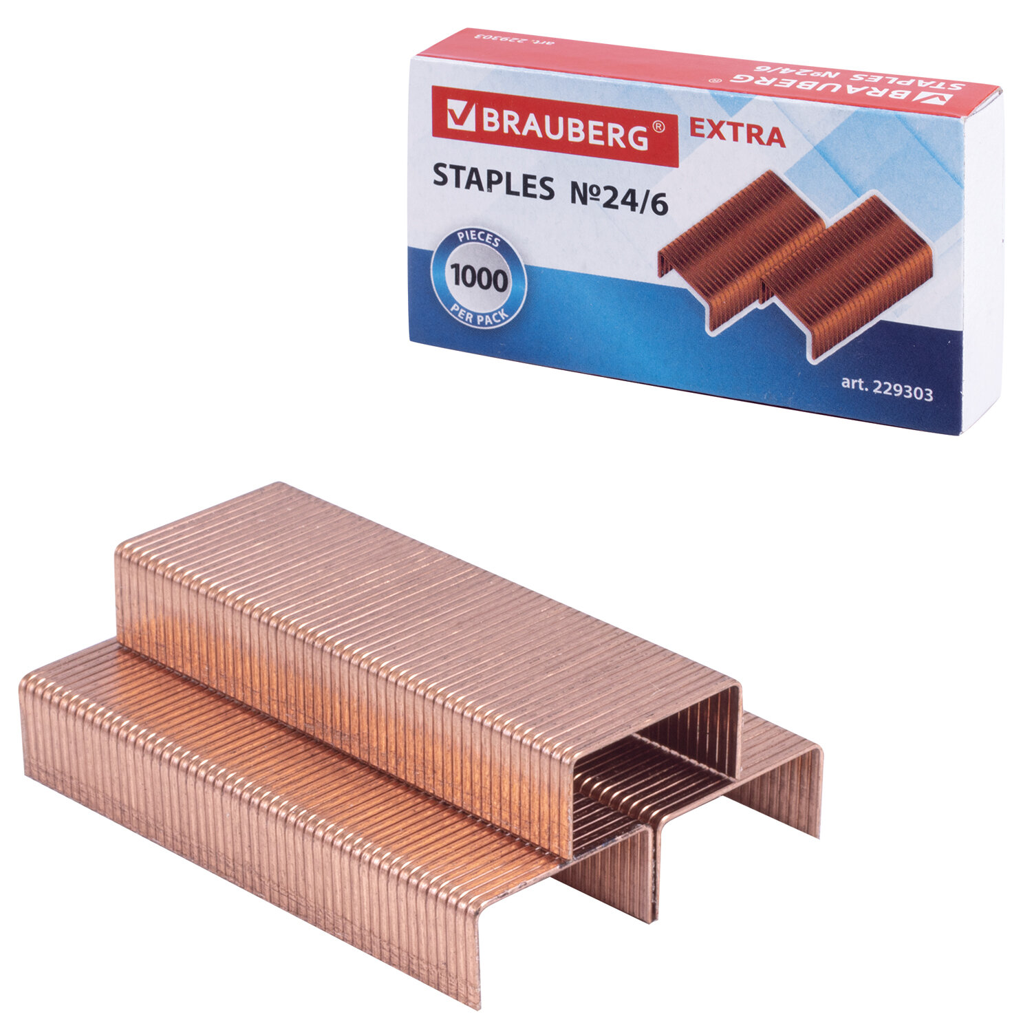 Скобы для степлера медное покрытие №24/6, 1000 штук, BRAUBERG EXTRA, до 30 листов, 229303