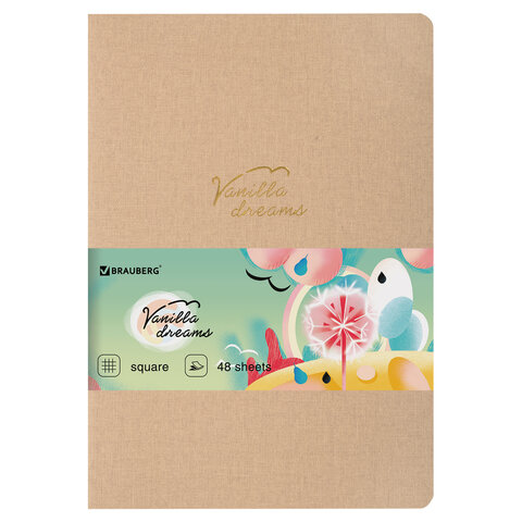 Тетрадь A5 (147х210мм) 48л, сшивка, клетка, кожзам под лён, бежевый, BRAUBERG PASTEL, 403871