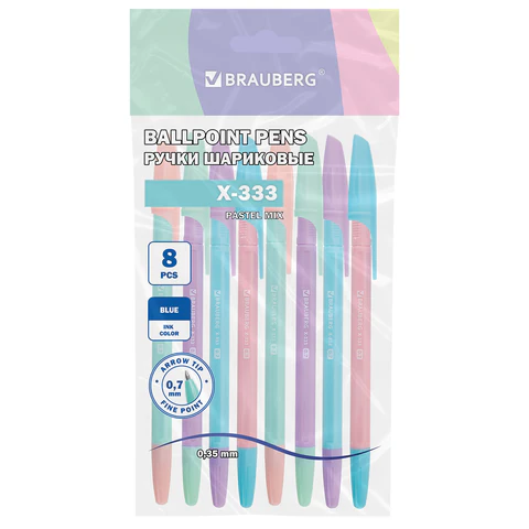 Ручки шариковые BRAUBERG "X-333 PASTEL MIX", НАБОР 8 ШТУК, СИНИЕ, узел 0,7 мм, линия письма 0,35 мм, 144535 - МСК «Форвард»