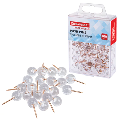 Силовые кнопки-гвоздики BRAUBERG CLEAR & GOLD, прозрачные с золотистым (шарики), 100 штук, 11 мм, 272760 - МСК «Форвард»