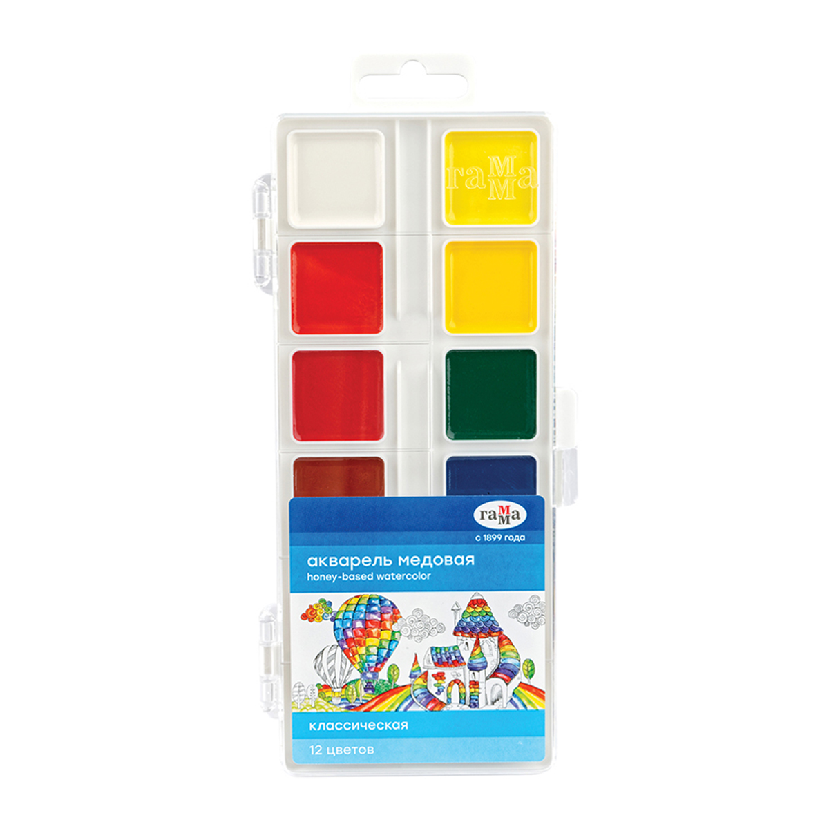 Краски акварельные ГАММА "Классическая", NEW 12 цветов, медовая, пласт. кор., европодвес, 1009194 293985