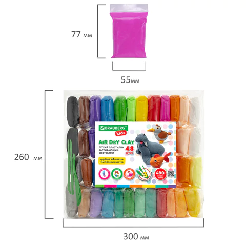 Пластилин супер лёгкий воздушный застывающий 48 шт. (36 цветов + 12 базовых), 480 г, 3 стека, BRAUBERG KIDS, 106310 - МСК «Форвард»