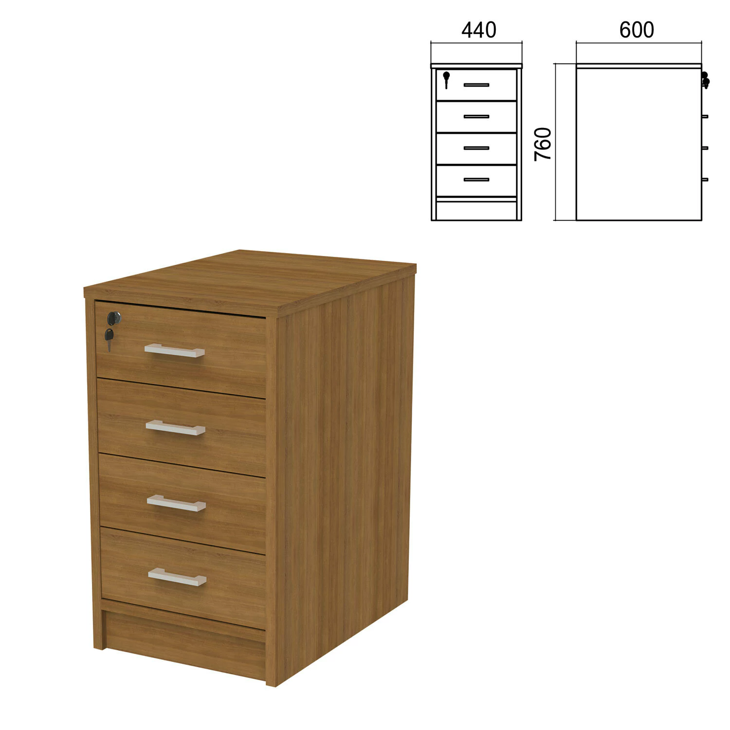 Тумба приставная "Арго", 440х600х760 мм, 4 ящика, замок, орех (КОМПЛЕКТ) 981546