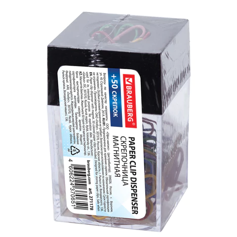 Скрепочница магнитная с 50 цветными скрепками 28 мм, РОССИЯ, BRAUBERG, 271178, ДМ-28П-50 - МСК «Форвард»