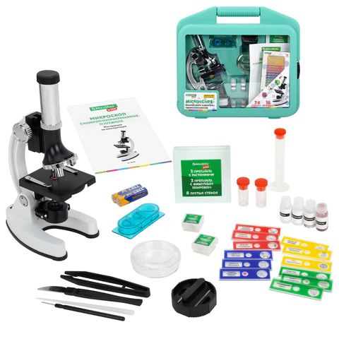 Микроскоп с подсветкой в кейсе, 74 предмета, в т.ч. набор из 16 микропрепаратов в подарок, увеличение 300х,600х,1200х, BRAUBERG KIDS, 391399 - МСК «Форвард»