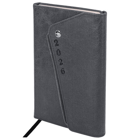 Ежедневник датированный 2026, А5, 145х213 мм, BRAUBERG "Jacket", под кожу, клапан, держатель, серый, 117403