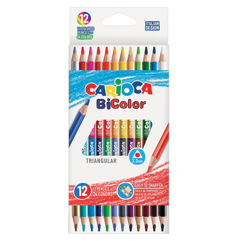 Карандаши двухсторонние CARIOCA "Bi-color", 12 штук, 24 цвета, трехгранные, заточенные, 42991 181703