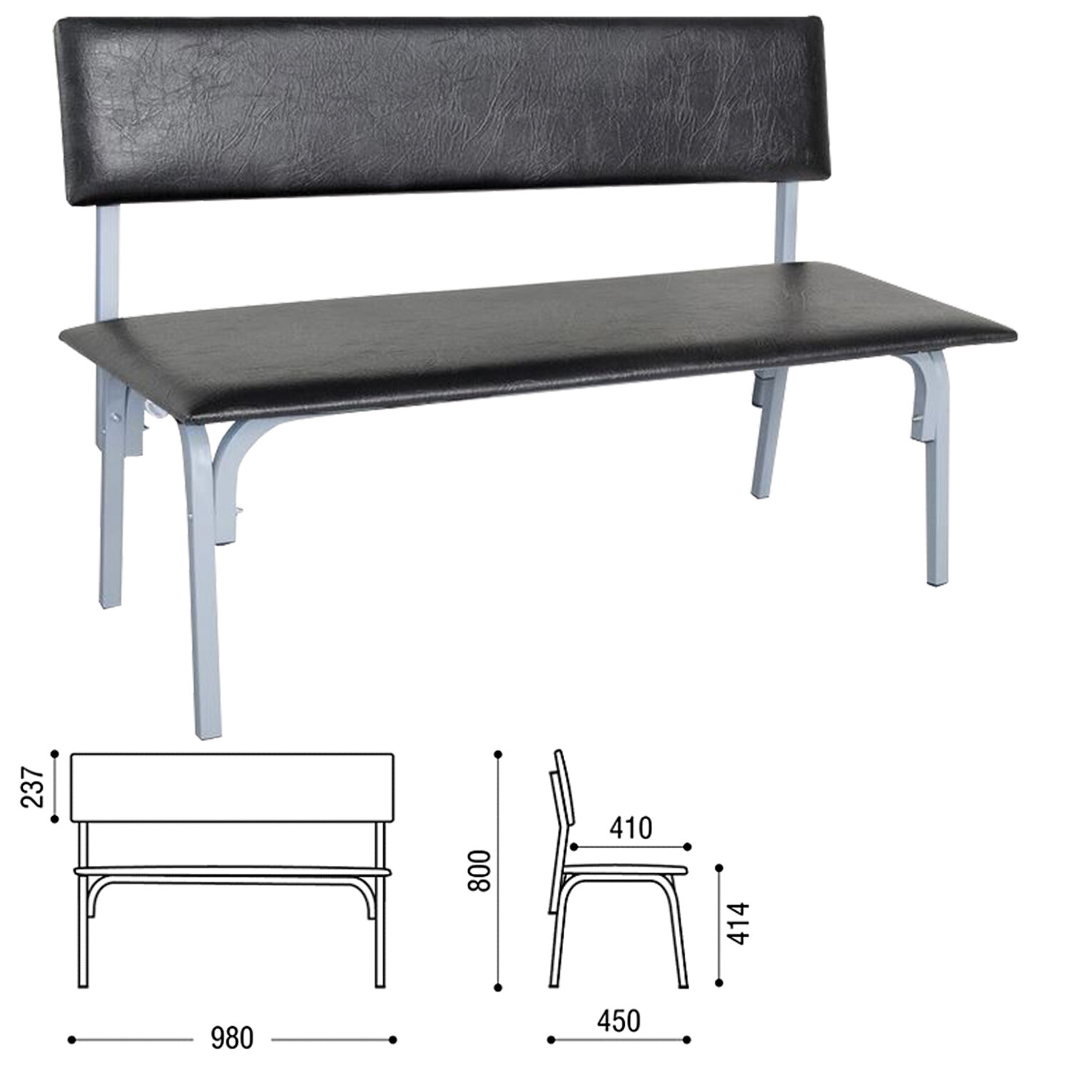 Банкетка со спинкой "Астрид" (ш1200*г450*в800), серый каркас, кожзам черный, БМ9 К-01, 531259