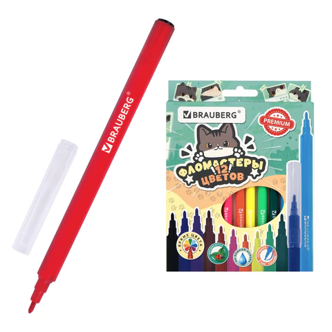 Фломастеры кросс-серия МИЛЫЕ КОТЫ, 12 цветов, вентилируемый колпачок, картонная коробка с европодвесом, BRAUBERG, 152620 - МСК «Форвард»