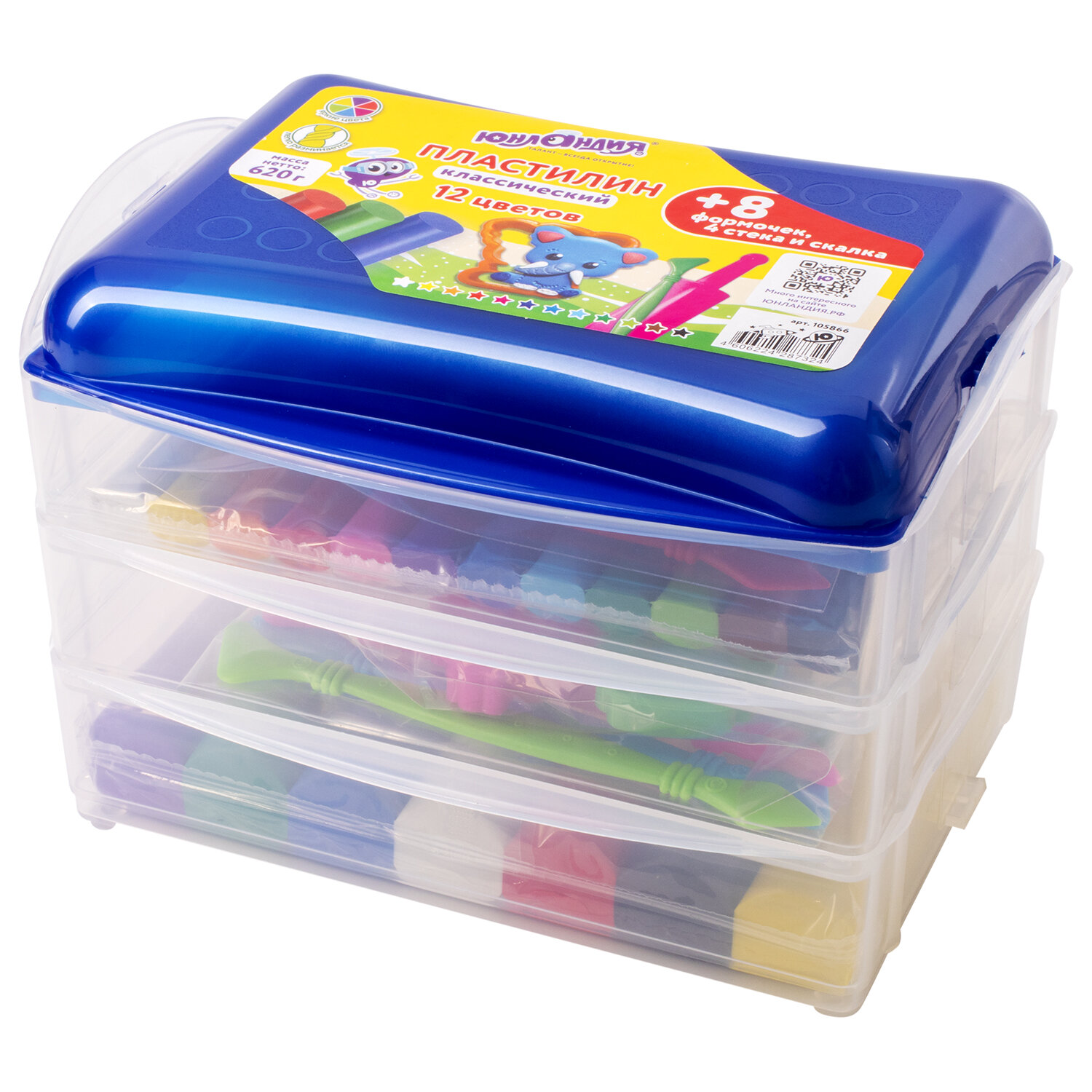 Пластилин в боксе ЮНЛАНДИЯ "ЮНЛАНДИК В ЗООПАРКЕ", 12 цветов,620 г,скалка,4 стека, 8 формочек,105866