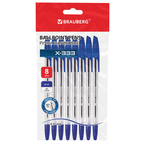 Ручки шариковые BRAUBERG "X-333", НАБОР 8 ШТУК, СИНИЕ, узел 0,7 мм, линия письма 0,35 мм, 144527