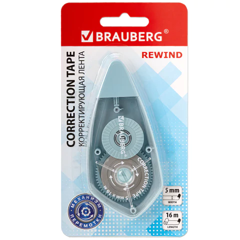 Корректирующая лента BRAUBERG REWIND, 5 мм х 16 м, механизм перемотки, корпус зеленый, блистер, 272490 - МСК «Форвард»