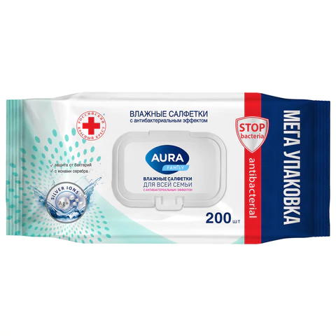 Салфетки влажные 200 шт., AURA Family, антибактериальные, для всей семьи, крышка клапан, 10394 117694 - МСК «Форвард»