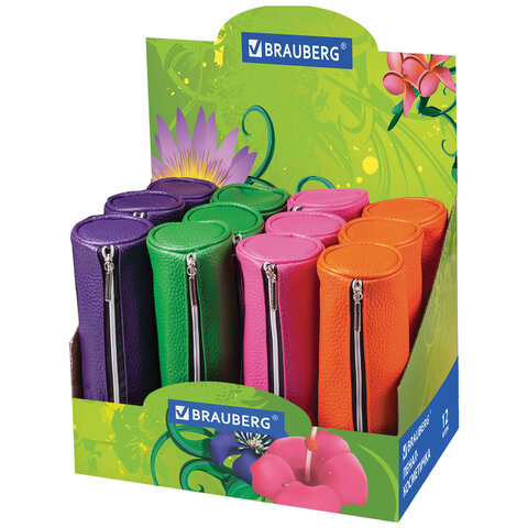 Пенал-косметичка BRAUBERG под фактур. кожу, ассорти 4 цвета, Экзотика, 20*6*6см, дисплей, 224041