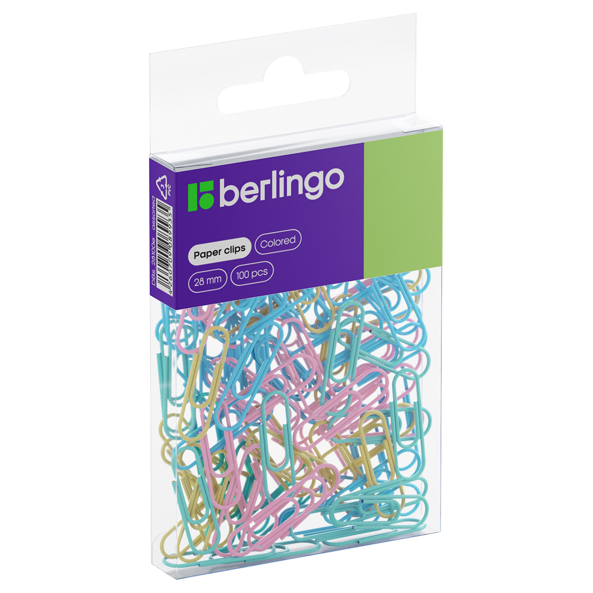 Скрепки 28мм, Berlingo, 100шт., цветные, ПВХ упак., европодвес, ассорти пастель DBs_28100e 330189