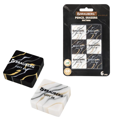Ластики BRAUBERG "MARBLE", НАБОР 6 штук, 34х34х11 мм, квадратные, экологичный ПВХ, блистер, 272735