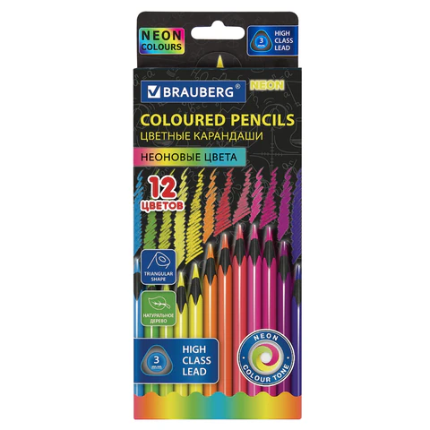 Карандаши цветные BRAUBERG NEON, 12 неоновых цветов, трехгранные, грифель 3 мм, черное дерево, 181852