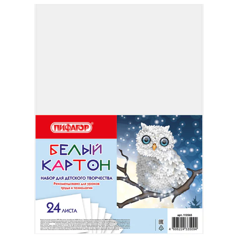 Картон белый А4 немелованный, 24 листа, ПИФАГОР, 200х290мм, Совушка, 113565