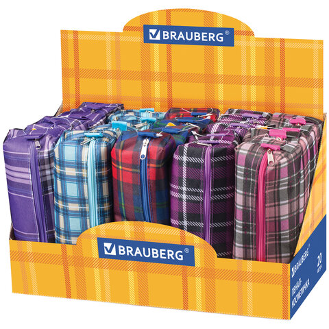 Пенал-косметичка BRAUBERG полиэстер, ассорти 5 цветов, Шотландия, 20*6*4см, дисплей, 223897
