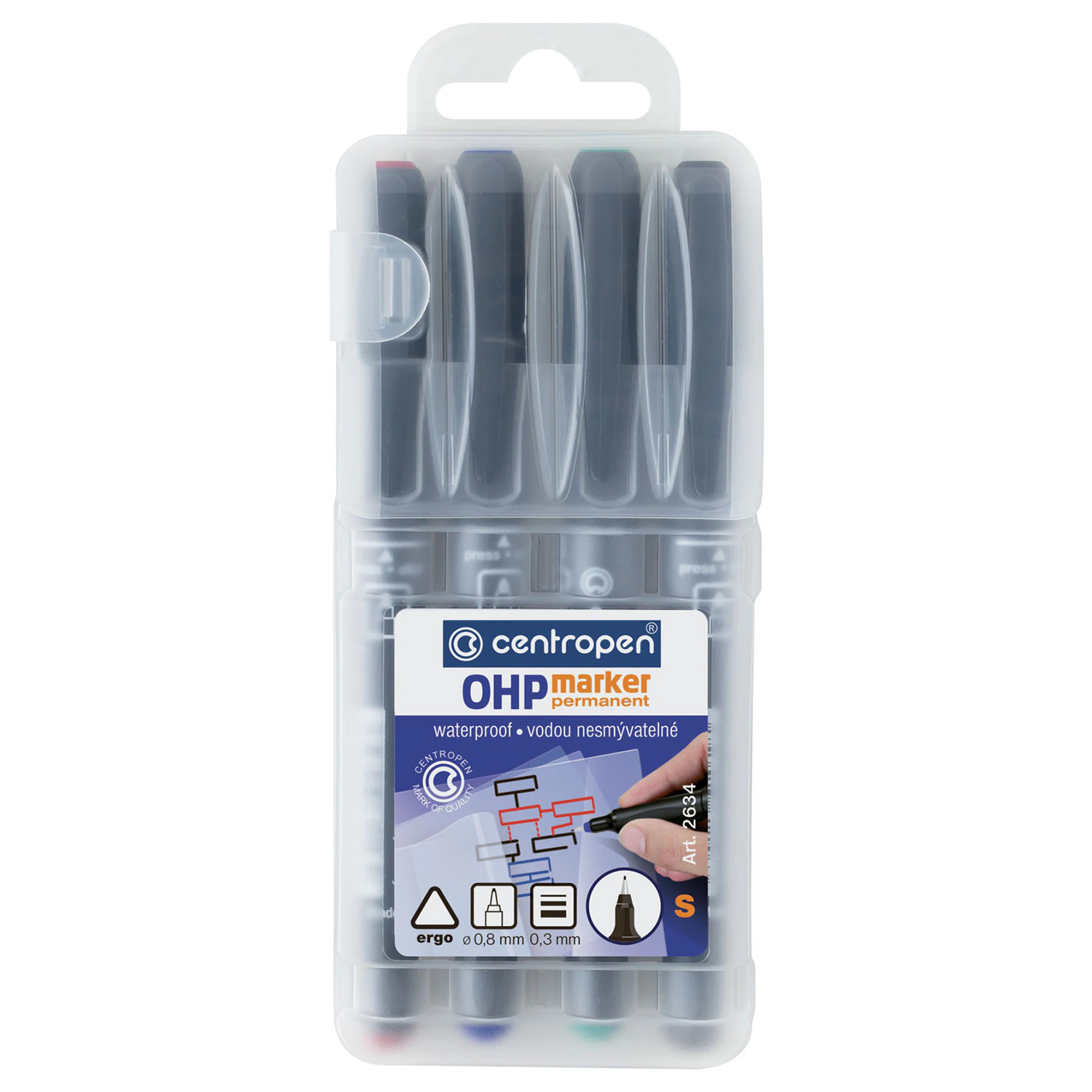 Маркеры перманентные для любой гладкой поверхности, НАБОР 4 шт., 4 ЦВЕТА, CENTROPEN "OHP", 0,6 мм, 2636/4, 626360401 152681