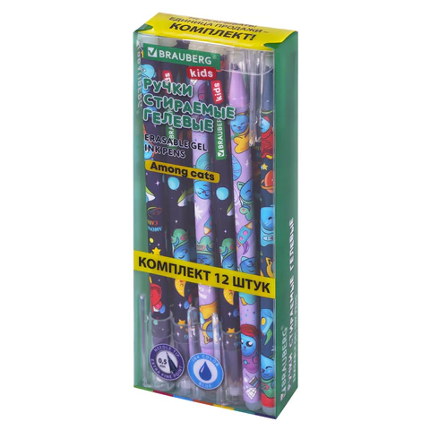 Ручки стираемые гелевые BRAUBERG KIDS "AMONG CATS", СИНИЕ, КОМПЛЕКТ 12 ШТУК, игольчатый наконечник 0,5 мм, линия 0,35 мм, 144099 - МСК «Форвард»