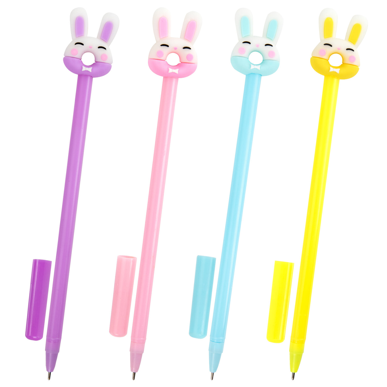 Ручка с топпером шариковая ЮНЛАНДИЯ "Зайка-пончик", корпус ассорти, СИНЯЯ,  0,7мм, КОМПЛЕКТ 12шт 143802