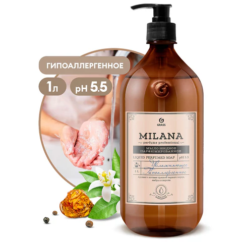 Мыло жидкое парфюмированное 1 л, GRASS MILANA "Черный перец амбра и нероли", дозатор, 125709 609870