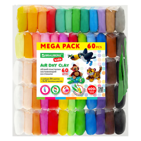 Пластилин супер лёгкий воздушный застывающий 60 шт. (36 цветов + 2 х 12 базовых), 600 г, 3 стека, BRAUBERG KIDS, 106311 - МСК «Форвард»