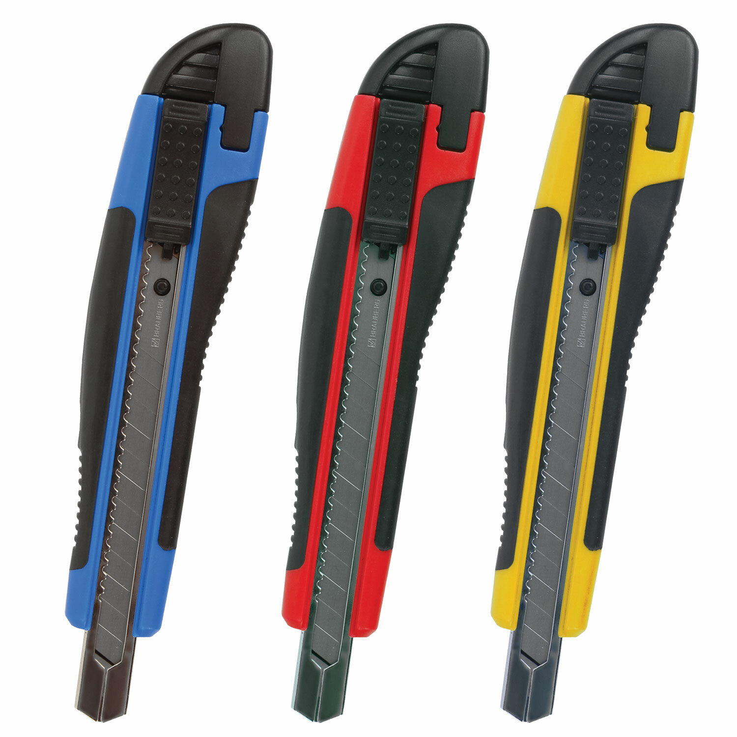 Нож канцелярский 9 мм BRAUBERG "Universal", автофиксатор, цвет ассорти,резин. вставки,блистер,236970