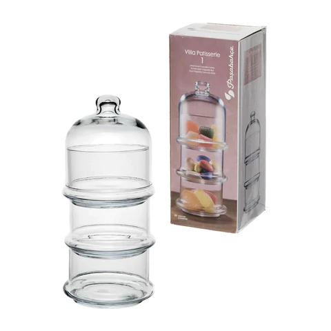 Менажница этажерка с крышкой, 3 емкости, высота 222 мм, стекло, PASABAHCE "VILLA PATISSERIE", фирменная подарочная упаковка, 96986 700580