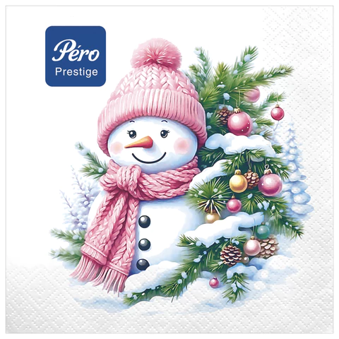 Салфетки бумажные 20 шт., 33х33 см, КОМПЛЕКТ 12ШТ "Милый снеговик", 3-слойные, PERO "Prestige", 2999 116636 - МСК «Форвард»