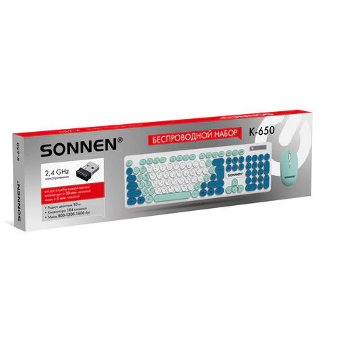 Набор беспроводной тихий: клавиатура 104 клавиши, мышь 4 кнопки 800/1200/1600 dpi, SONNEN K-650, белый / мятный / бирюзовый, 513953 - МСК «Форвард»