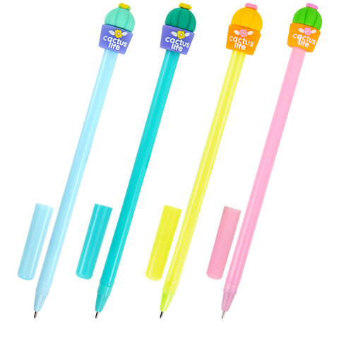 Ручка с топпером шариковая ЮНЛАНДИЯ "Кактус", корпус ассорти, СИНЯЯ, узел 0,7мм, КОМПЛЕКТ 12шт 143800