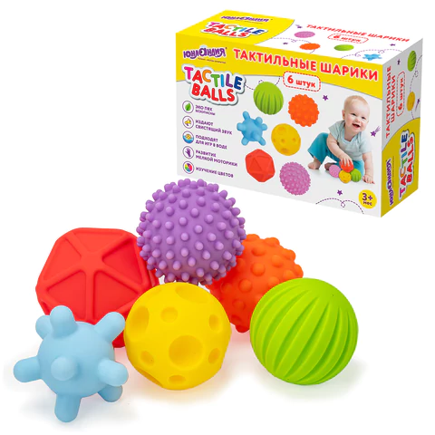 Тактильные мячики, сенсорные игрушки развивающие, ЭКО, 6 штук, d 60-80 мм, ЮНЛАНДИЯ, 664702 - МСК «Форвард»