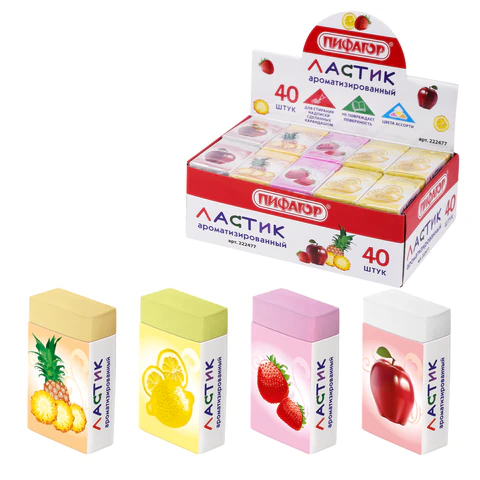 Ластик ПИФАГОР "Фрукты", 35х21х9мм, ароматизированный, ассорти, картонный держатель, 222477