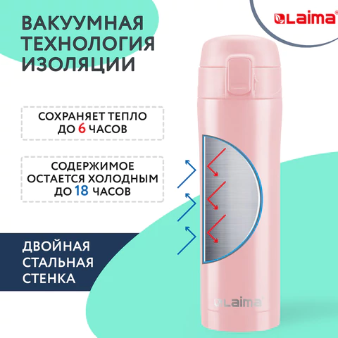 Термокружка 470 мл из нержавеющей стали SUS304, нежно-розовый бархат матовый, LAIMA, 608824 - МСК «Форвард»