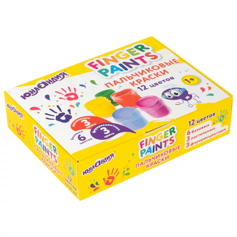 Краски пальчиковые для малышей от 1 года, 12 цветов (6 базовых + 3 пастельных + 3 флуоресцентных) по 35 мл, ЮНЛАНДИЯ, 192570 - МСК «Форвард»