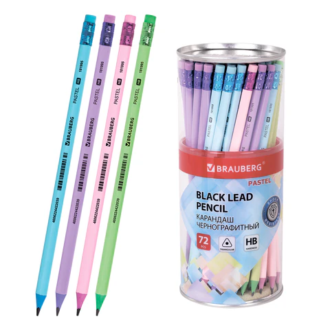 Карандаш чернографитный BRAUBERG "PASTEL", 1 шт., HB, трехгранный, с ластиком, 181995