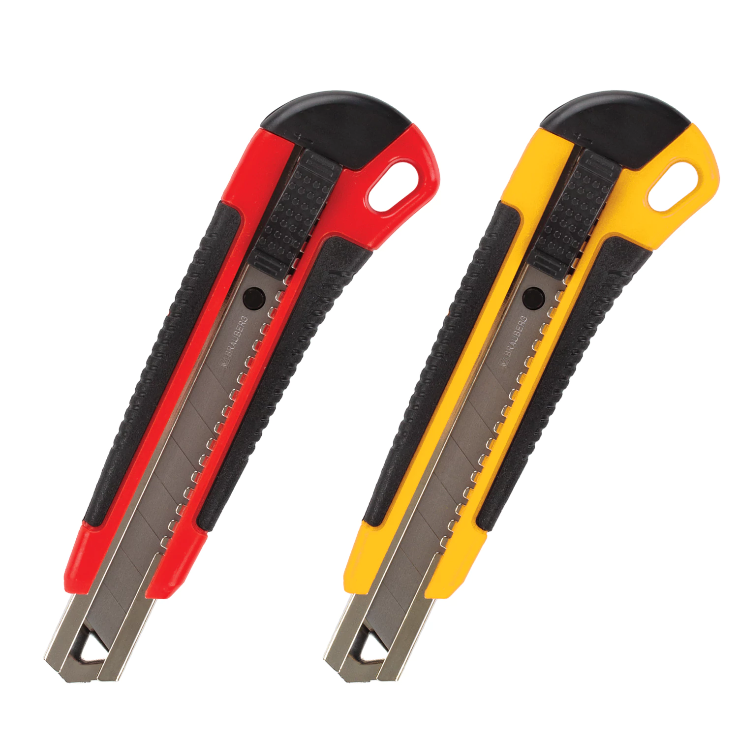 Нож канцелярский 18 мм BRAUBERG "Universal", 3 лезвия в комплекте, автофиксатор,резин.вставки,230919