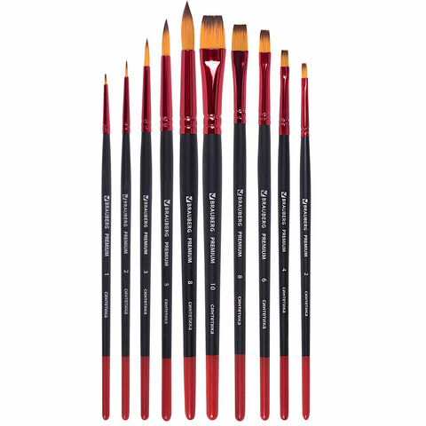 Кисти BRAUBERG PREMIUM, набор 10 шт. (синтетика, круглые № 1, 2, 3, 5, 8, плоские № 2, 4, 6, 8, 10), 201027 - МСК «Форвард»