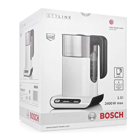 Чайник BOSCH TWK8611P, 1,5 л, 2400 Вт, закрытый нагревательный элемент, нержавеющая сталь, белый 453113 - МСК «Форвард»