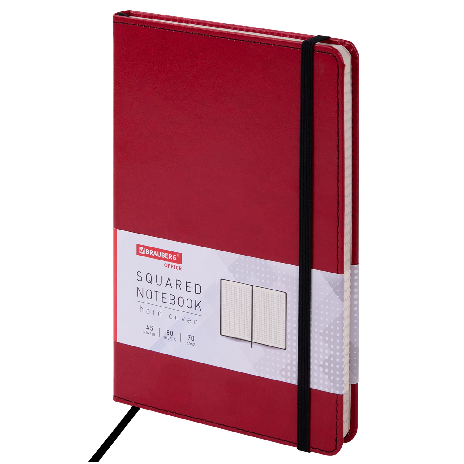 Блокнот А5 148x218мм, BRAUBERG Office, под кожу, 80л, резинка, клетка, красный, 111030