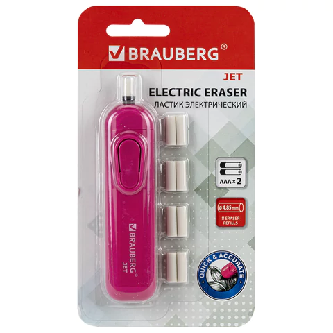 Ластик электрический BRAUBERG "JET", питание от 2 батареек ААА, 8 сменных ластиков, розовый, 229617 - МСК «Форвард»