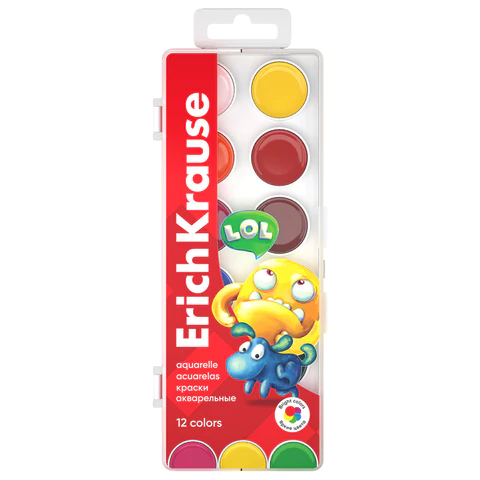 Краски акварельные ERICH KRAUSE "Jolly Friends", 12 цветов, пластиковый пенал, европодвес, 61366 192702